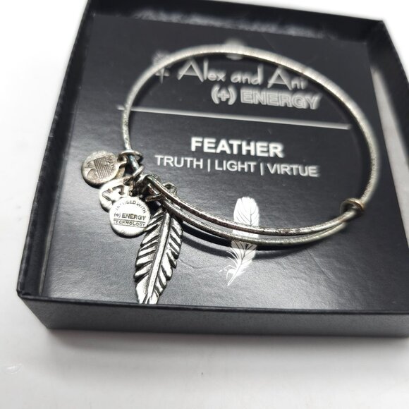 Alex And Ani Feather Bangle Bracelet Silver Finish Truth Light Virtue Adjustable - Picture 2 of 5